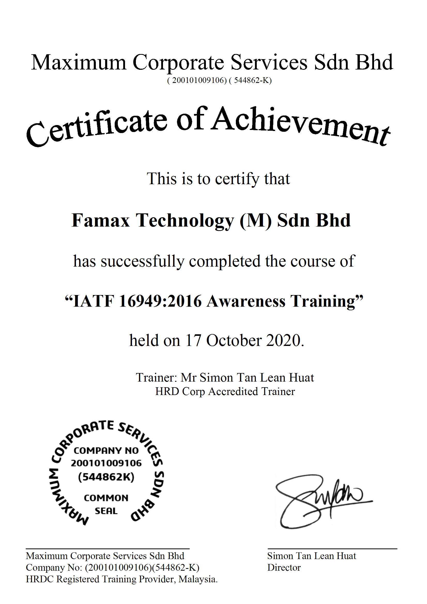 Maximum Certificate IATF Awareness Famax 2020 conv 1